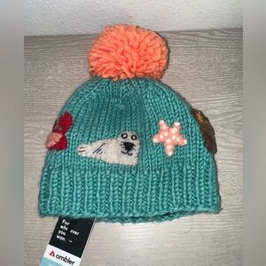 Ambler youth Tofino beanie with Pompom. Sea green with sea animals -wool S/M